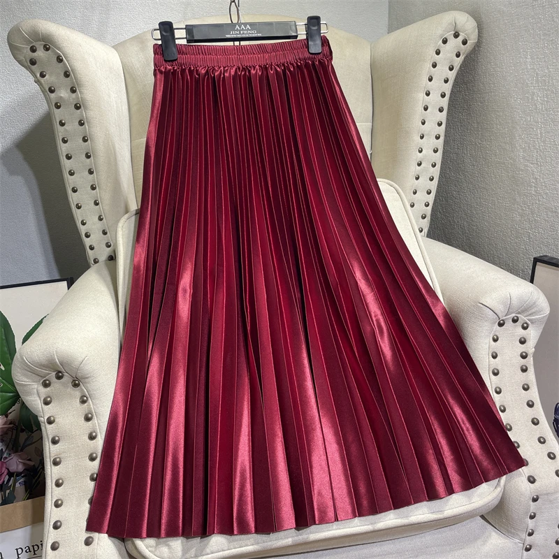 Ele A-Linie Midirock, hohe Taille, plissiert, schlankmachender Regenschirmrock, weiche Satinfarbe, Pendler-Sle für den Sommer 2024