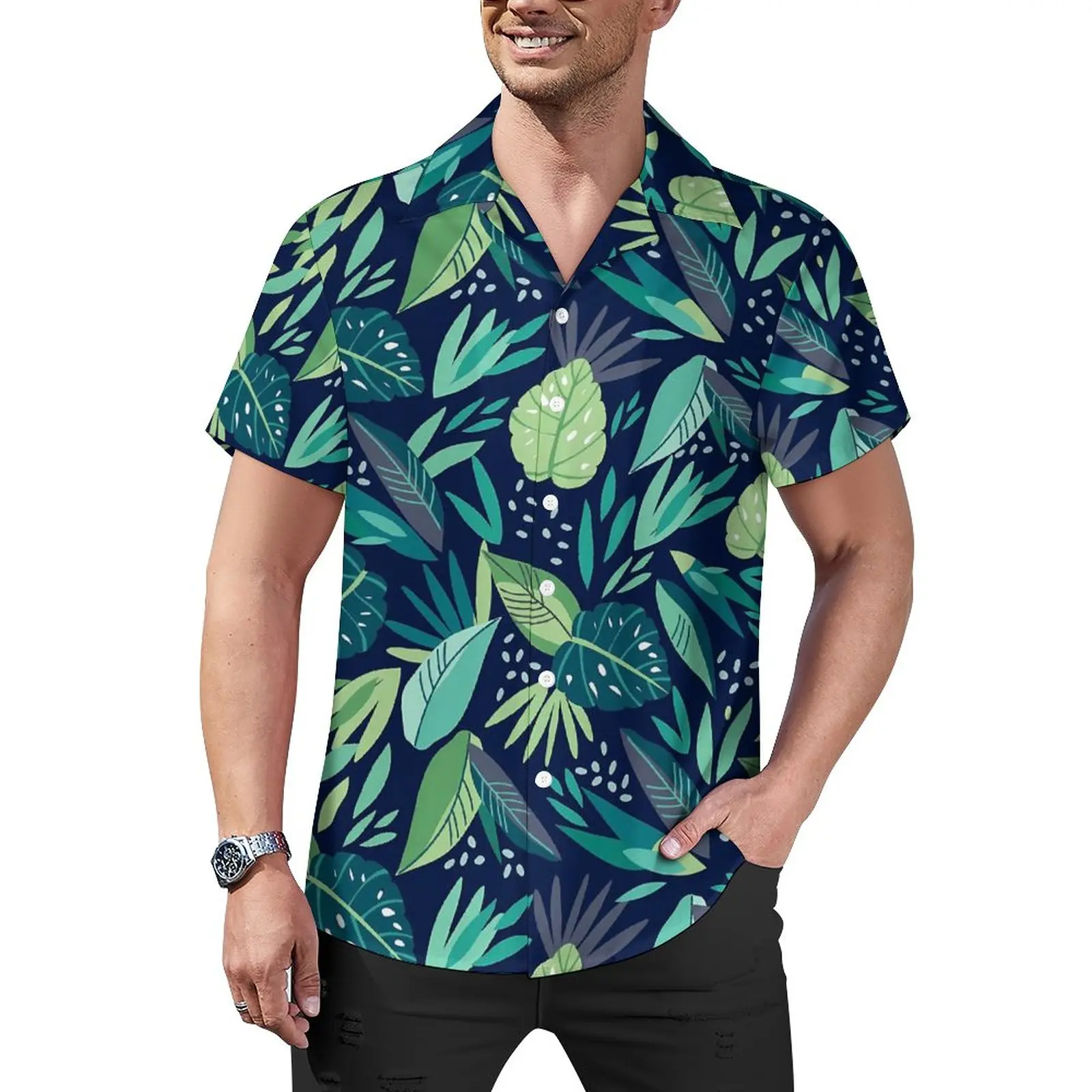 

Botanical Leaf Loose Shirt Male Beach Blue Green Casual Shirts Hawaii Design Short Sleeve Stylish Oversized Blouses