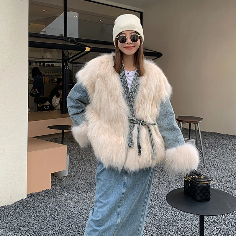 2023 Fox women's Fur Coat Winter High Quality Solid V Neck Short Belt Loose Parker Natural Fox Fur Panel Denim Jacket Female