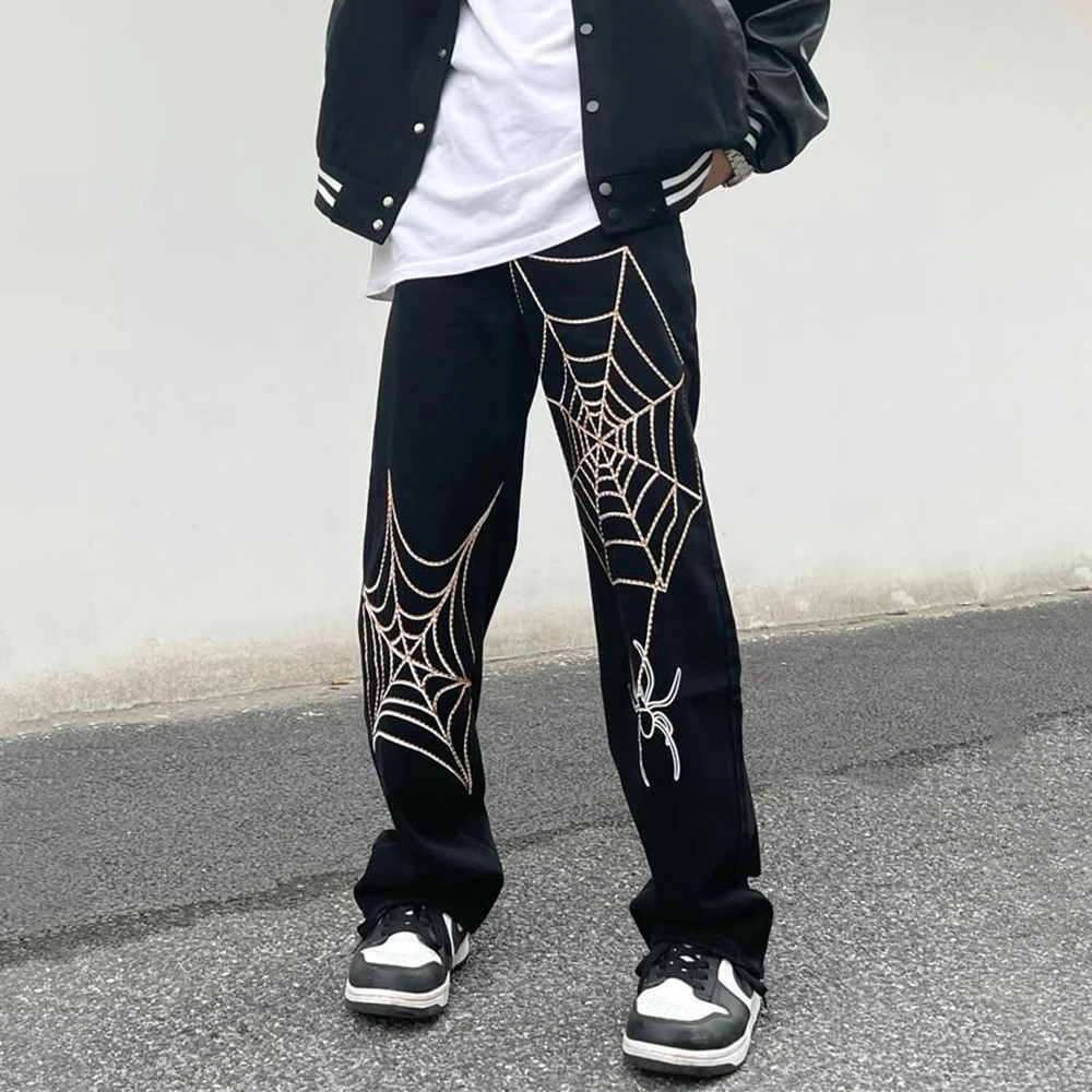 

Embroidery Spider Web Straight Casual Jeans Pants Men Vibe Style Ripped Oversize Loose Denim Trousers Streetwear