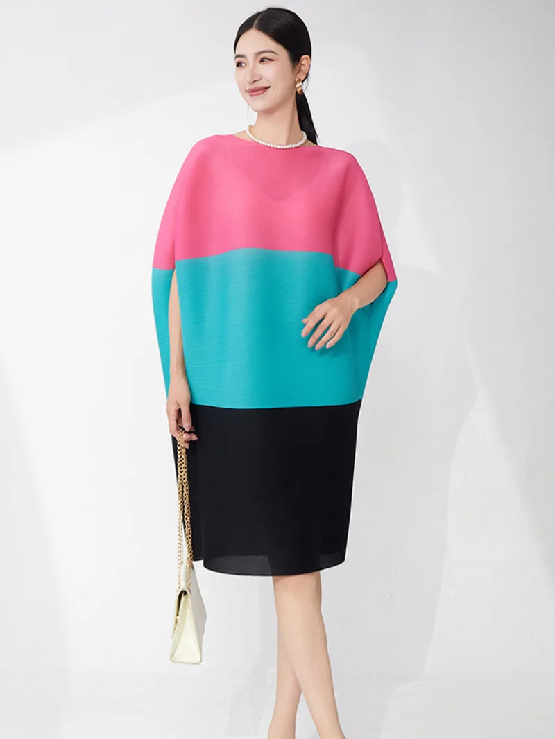 Design-Kleid für Damen mit Farbblock-Design, plissiert, Fledermausärmel, unregelmäßige, elastische, lockere, lässige, knielange Kleider 2TJS8