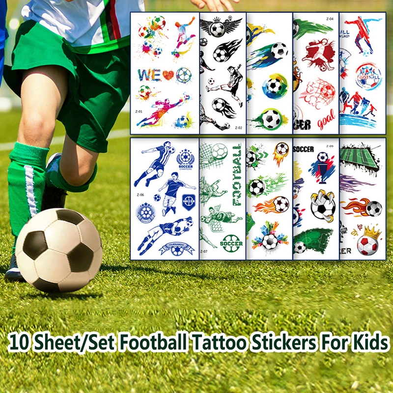 

10 Sheets Kids Temporary Tattoos Football Soccer Fan Waterproof Fake Tattoo Stickers Hand Arm Foot Tattoo Stickers