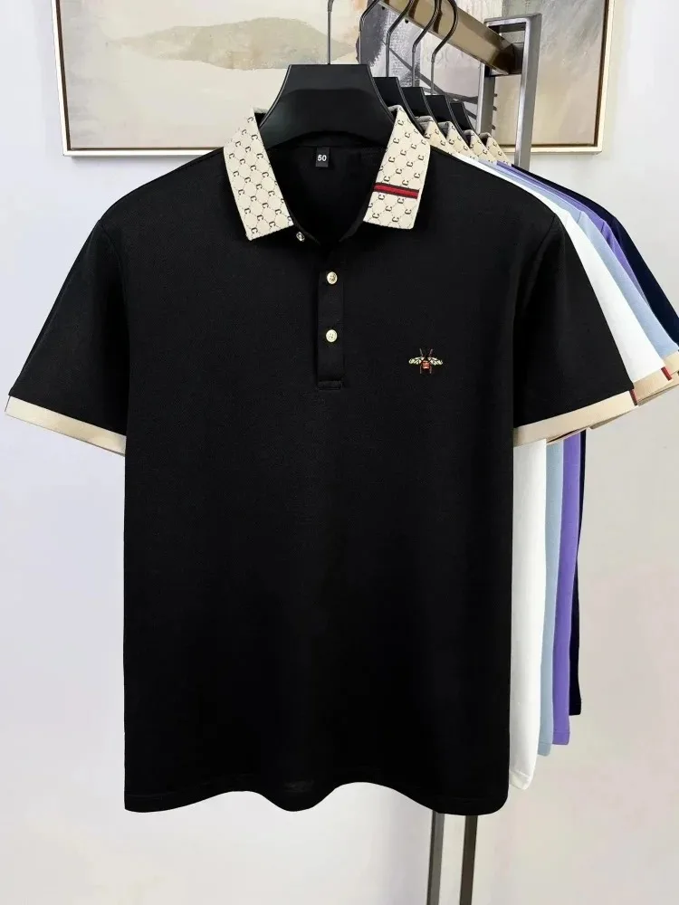 Leicht luxuriöses Marken-Poloshirt mit kurzen Ärmeln modische Bienen-Stickerei farblich abgesetzter Kragen T-Shirt Sommerneuheit lässige Herrenbekleidung – Detail 15