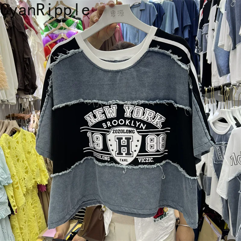 

American Colorblock Denim Patchwork Loose Short Sleeve T-shirt Letters Printed All-match Round Neck Pullover Top Female Tees