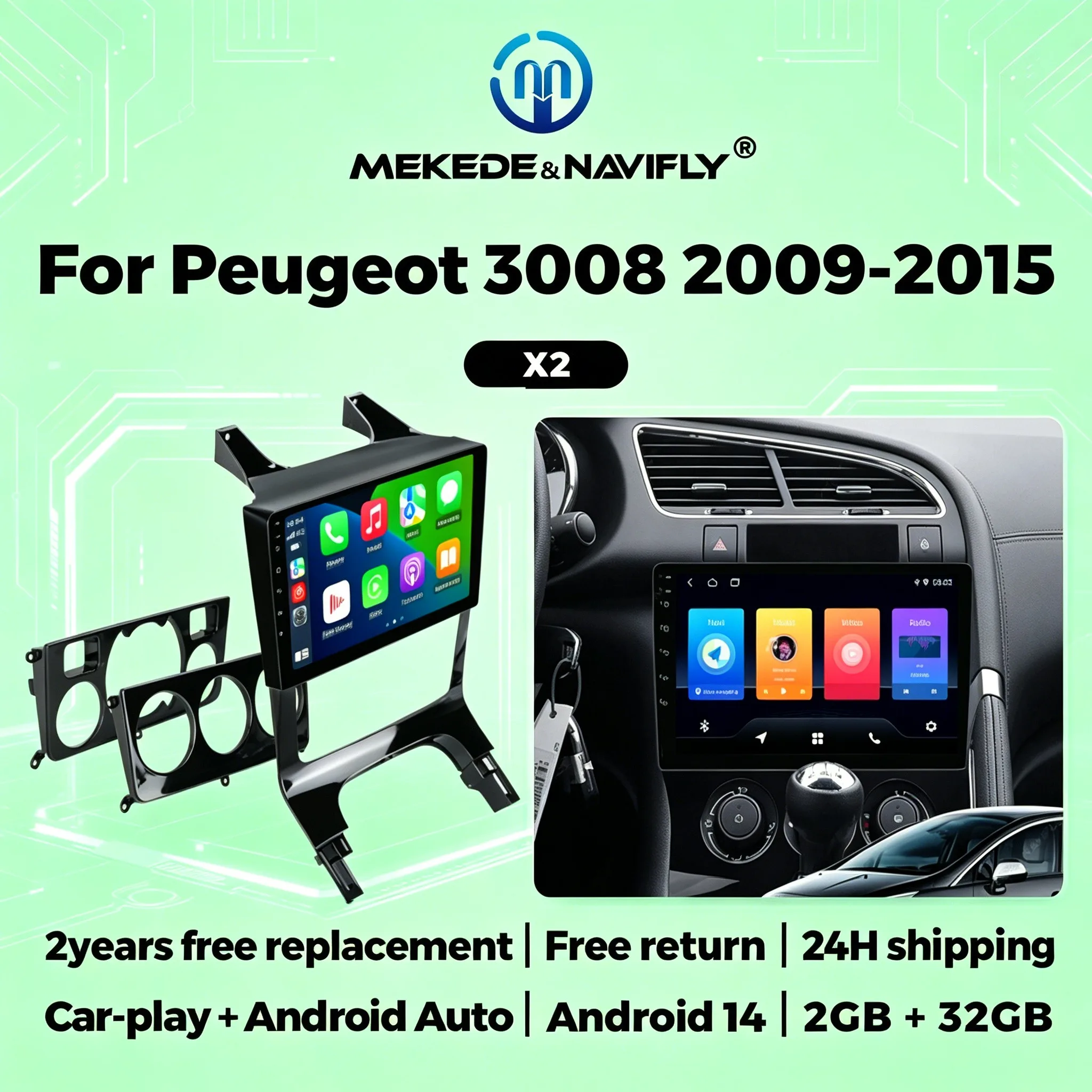 

9-дюймовая автомобильная магнитола для Peugeot 3008 2009-2015 с беспроводным CarPlay, Android Auto, мультимедийный плеер, GPS-навигация, Bluetooth, FM-радио