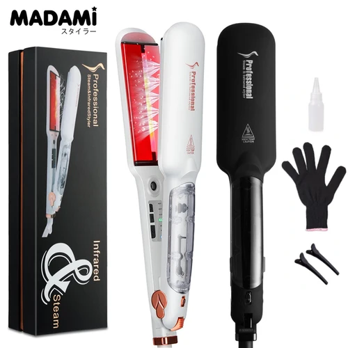 적외선 스팀 헤어 스트레이트너 컬러 세라믹 글레이즈 플레이트 450 °F 빠른 가열 증기 플랫 아이언 스트레이트닝 아이언 이중 전압 