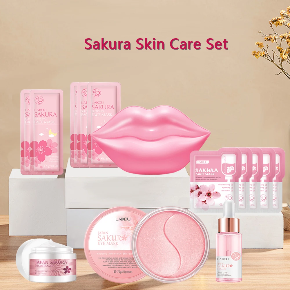 Facial Skin Care Kit Sakura Whitening Moisturizer Beauty Health Eye Mask Lip Mask Korean Facial Products Cleansing Face Care