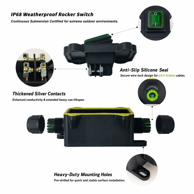 IP68 Wasserdichte Inline-Kabelschalterbox Einzel/Doppel Ein/Aus Optional mit LED-Anzeige 16A 30A 24V 220V für Außen- und Gartenbeleuchtung – Detail 1