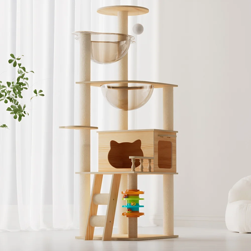 

59" Modern Cat Tower, Wood Cat Tree Tower for Indoor Cats, Cat Treewith Sisal-Covered Scratching Posts and Top Perch, Cat Condo