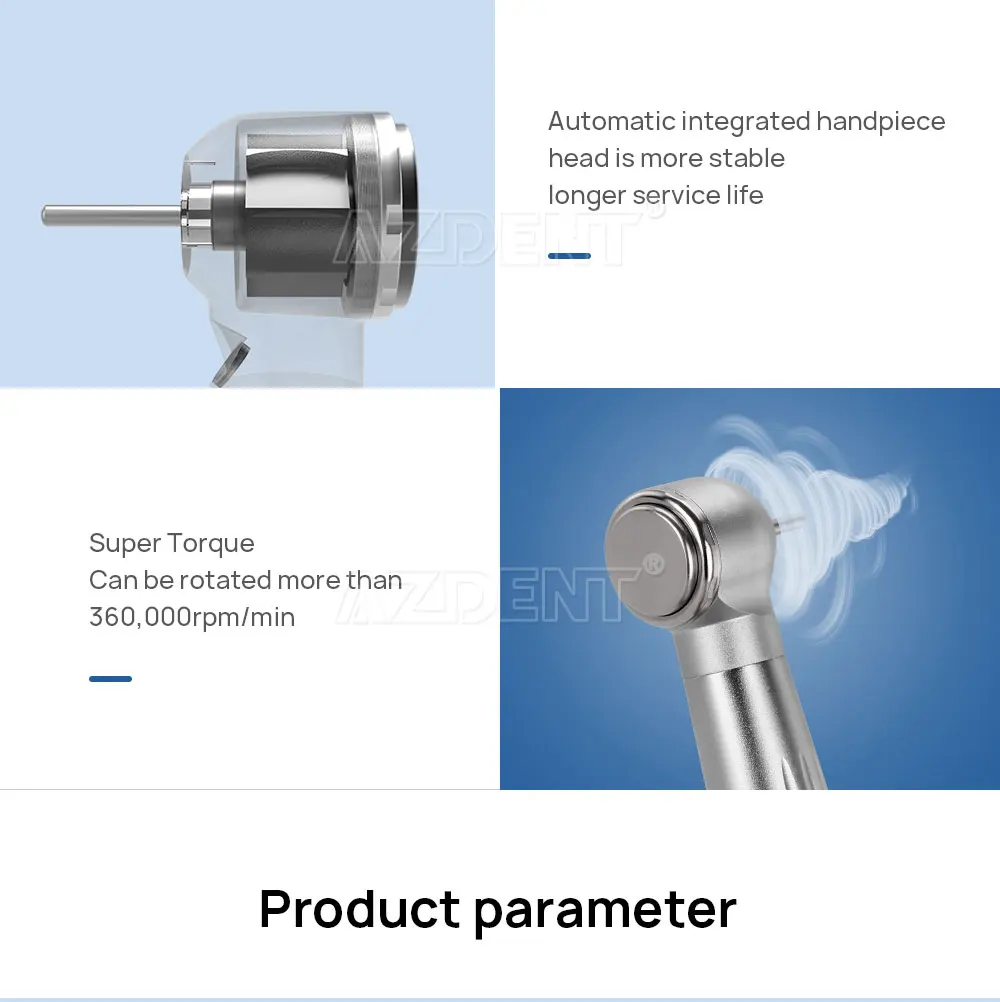 AZDENT Dental High Speed E Generator LED Handstück Air Turbine Keramik Lager Drehmoment Kopf Push Button Triple Wasser Spray – Detail 11