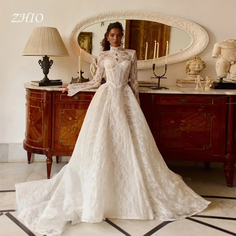 ZHIO Maßgeschneidertes Luxus-Hochzeitskleid mit hohem Kragen, langen Ärmeln und Jacke, 2-in-1, elfenbeinfarbenes Spitzen-Vintage-Brautkleid, Vestido De Novia 2026