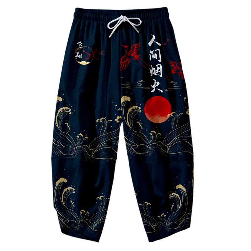 

Fashion Crane Kimono Traditional Pants Men Asian Clothing Bath Pant Casual Male Japanese Yukata Trousers Linen Cropped Pants