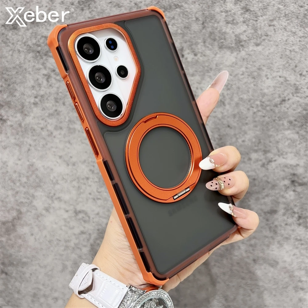 Stoßfeste, matte Handyhülle mit drehbarer Halterung für Samsung Galaxy S26 Ultra S25 S24 Ultra Plus, kompatibel mit MagSafe, transparente Rückseite