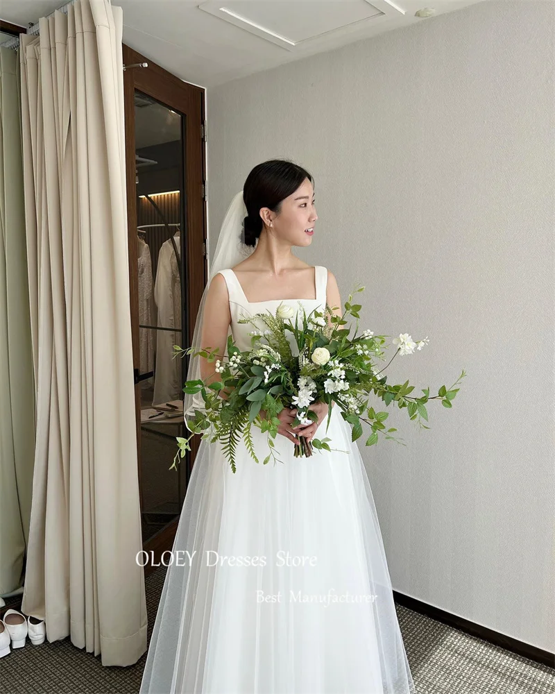 OLOEY Simple A Line Tulle corea abiti da sposa servizio fotografico collo quadrato lunghezza pavimento abiti da sposa corsetto indietro con velo