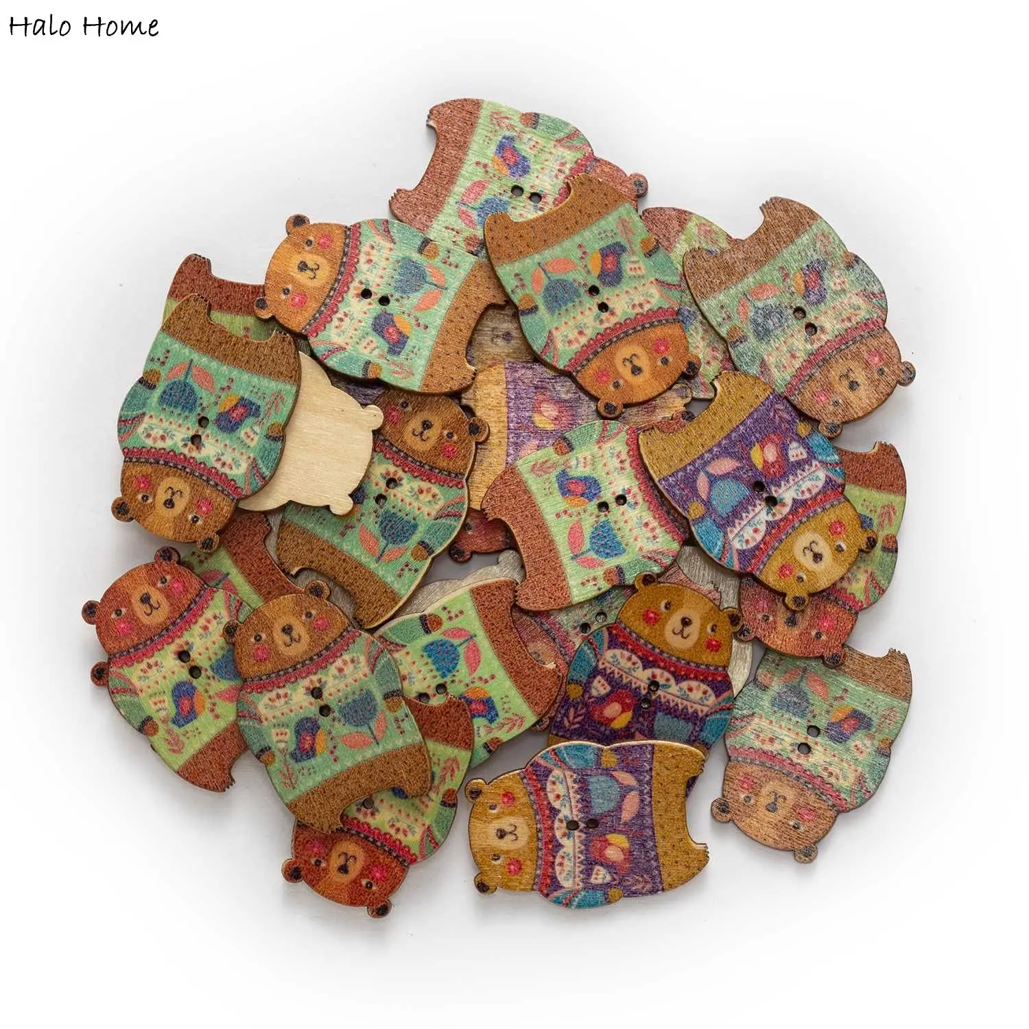 30pcs Bear Cartoon Retro Printing Wooden Button Handwork Sewing Scrapbooking Clothing Craft Cardmarking DIY 36x25mm