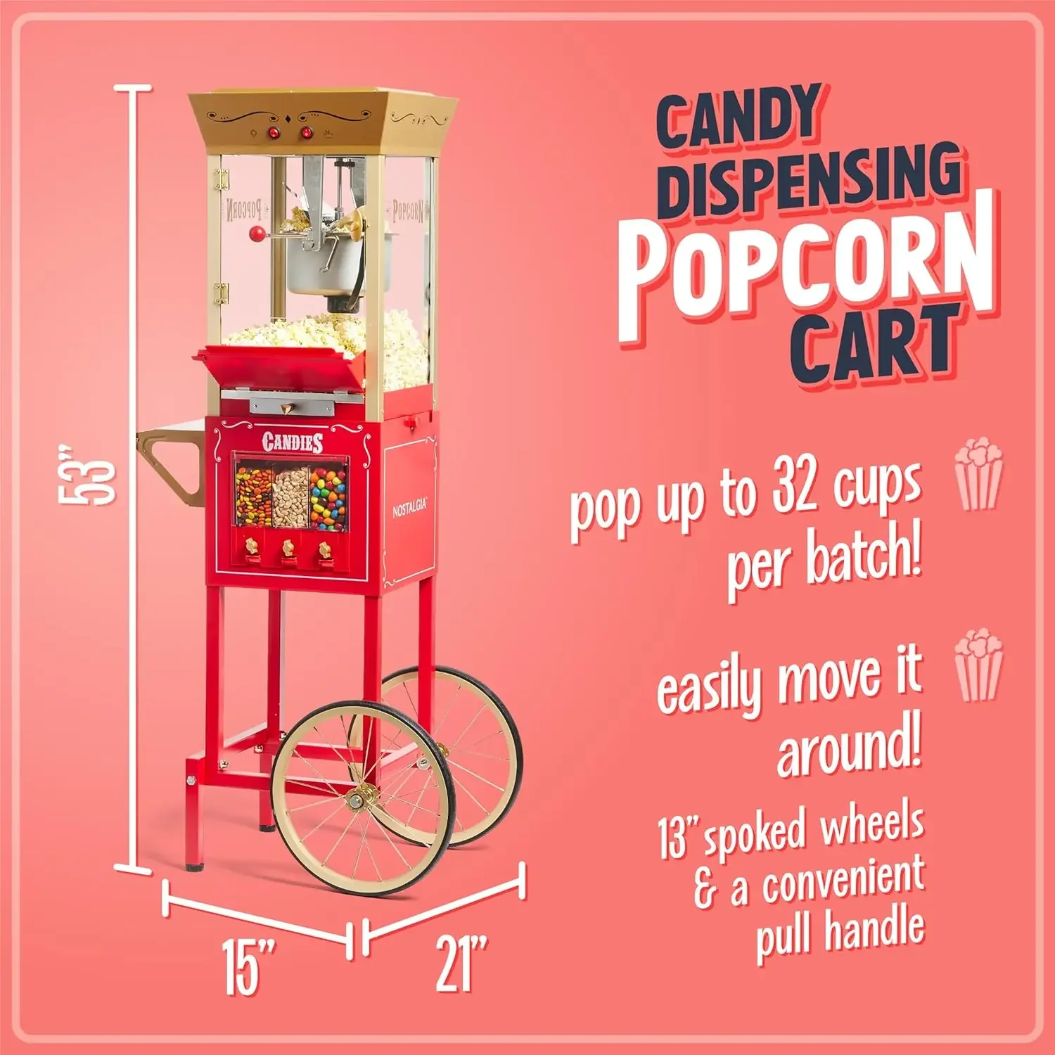 Nostalgia Vintage 8 Ounce Professional Popcorn Cart Makes Up to 32 Cups, Three Storage Candy & Kernel Dispenser Also for Nuts,