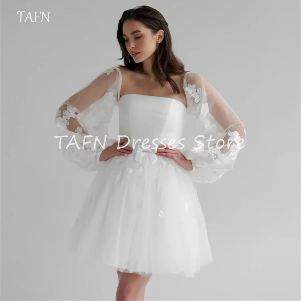 

TAFN Strapless Tulle A-line Weeding Party Dress Detachable Lace Sleeve Mini Short Bridal Gown Vestido De Novia Corset Custom