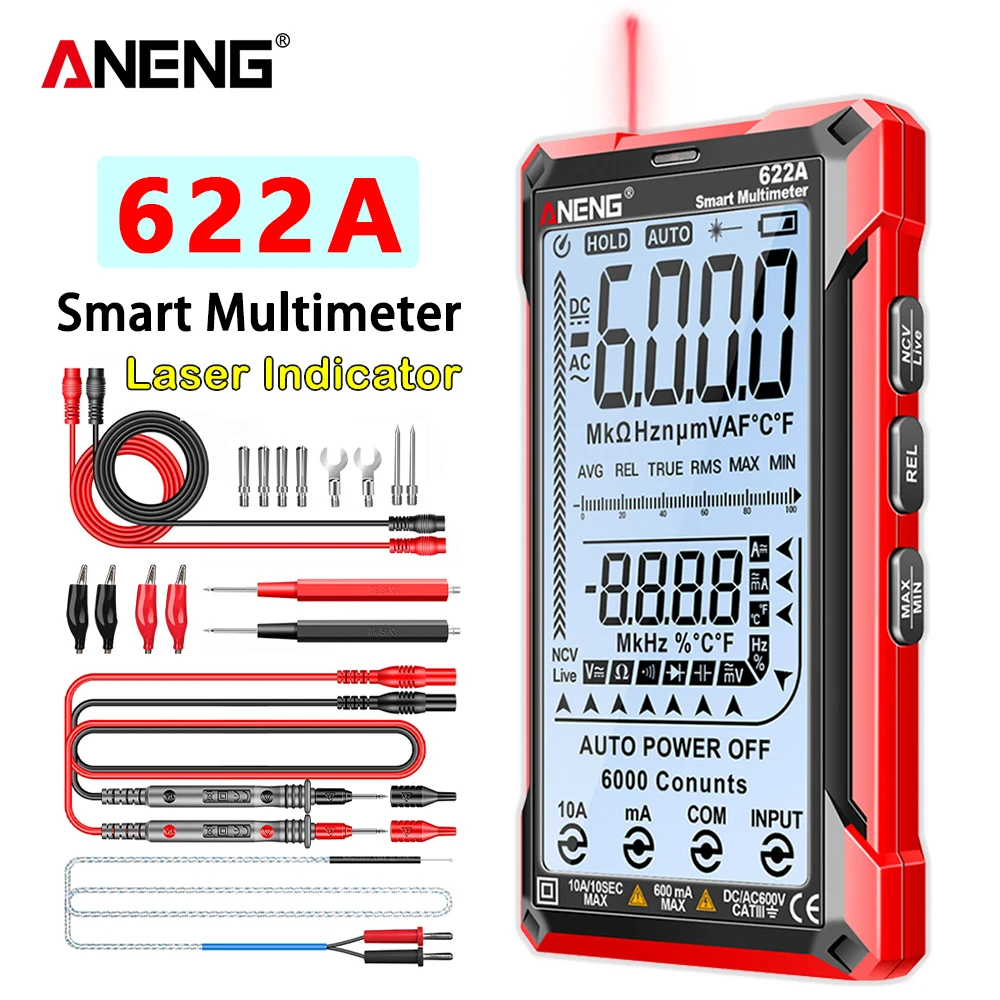 ANENG 622A 6000 conteggi Laser a infrarossi multimetro intelligente AC/DC misuratore di tensione misuratore di corrente rilevatore NCV diodo Hz