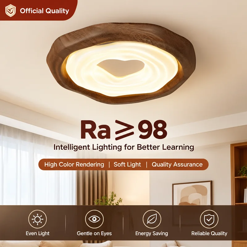 Ceiling Light Wabi Sabi Cookie Bedroom Lamp Blue Light Filter Walnut Wood Grain Kids Room Modern Dimmable Ceiling Lamp Eye Care