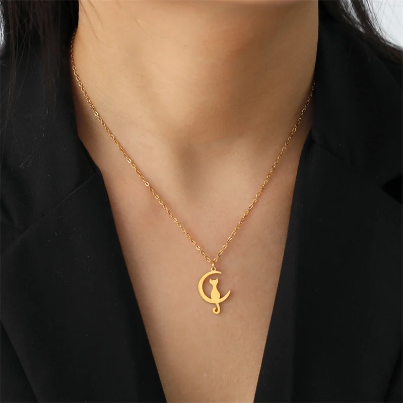 Charme Katze Anhänger Halsketten für Frauen Mädchen Schlüsselbein Mond Kette Choker Halsketten Edelstahl Party Schmuck Geschenke Zubehör – Detail 9