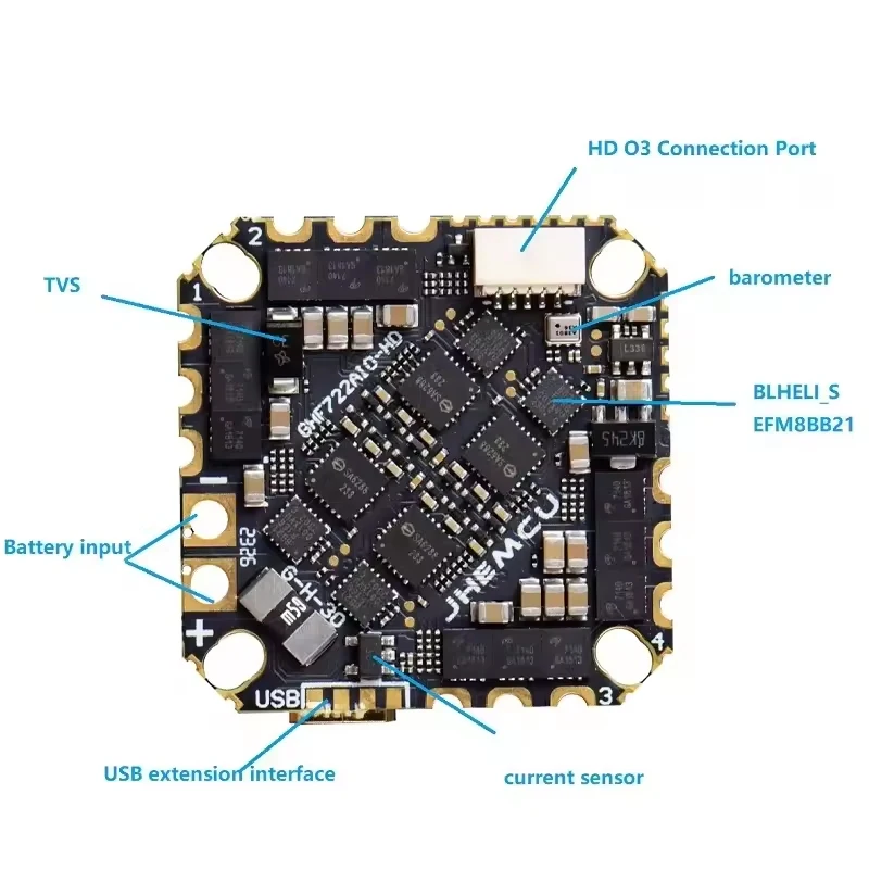 JHEMCU GHF722AIO-HD 40A AIO Flight Controller F722 FC Baro OSD BlackBox 40A 4in1 ESC 2-6S For RC FPV Freestyle Cinewhoop Drone