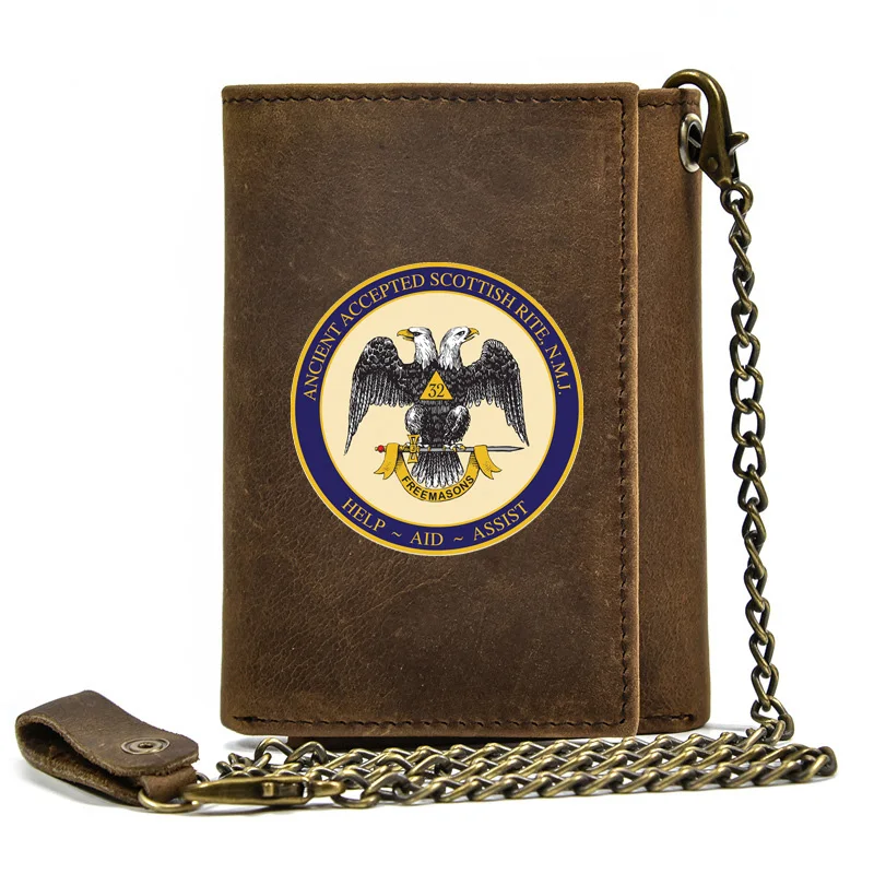 

Men Genuine Leather Wallet With Iron Chain Freemasons Ancient Accepted Scottish Rite Printing Card Holder Short Purse BT1229