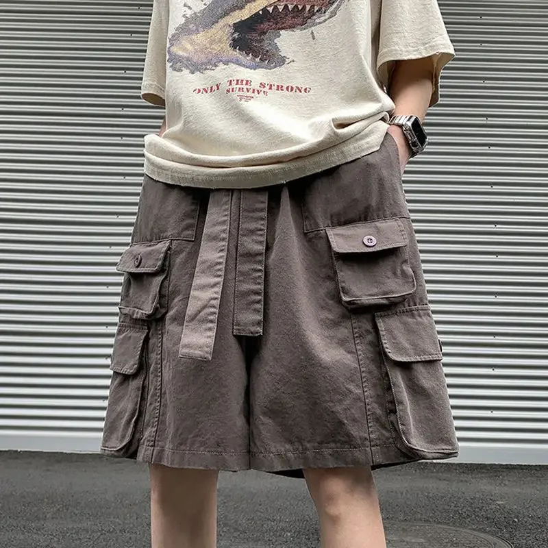 

Men's Cargo Shorts Oversize Wide Bermuda Loose Elastic Waist Big Size with Draw String Baggy Half Solid Multi Pocket Long Y2k