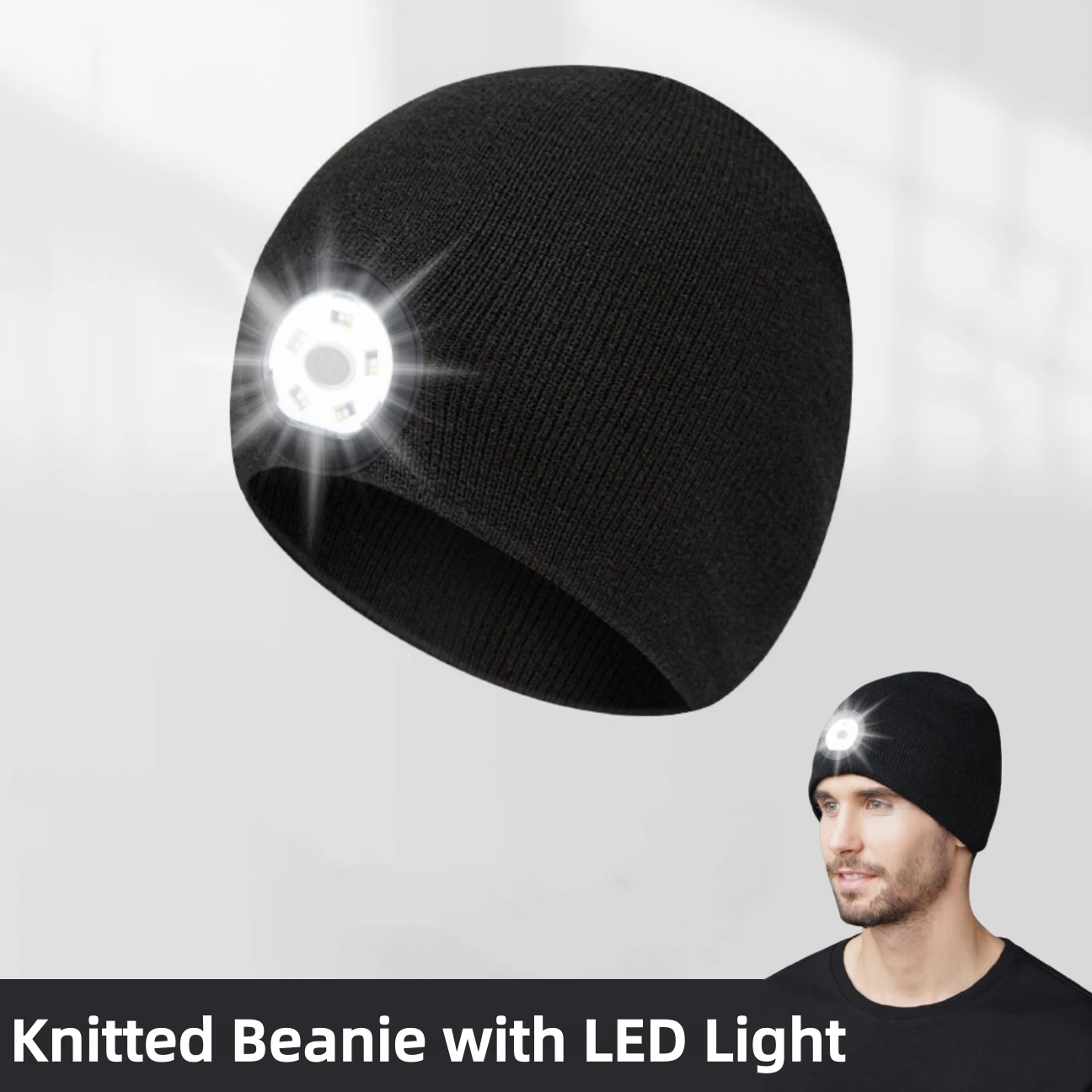 قبعة محبوكة سوداء للجري الليلي وركوب الدراجات مع ضوء LED للجنسين قبعة حرارية شتوية للمصابيح الأمامية للعمل في الهواء الطلق
