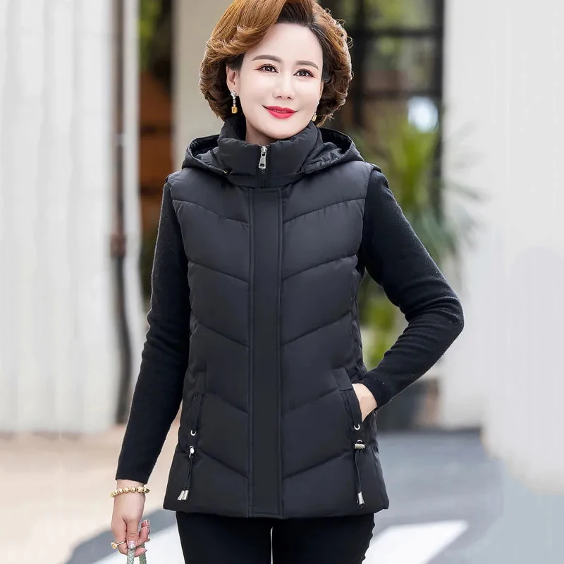 2024 New Winter Parkas Vest Jacket Women Middle Aged Waistcoat Sleeves Down Cotton Plus Velvet Warm Coats Female Casual Overcoat