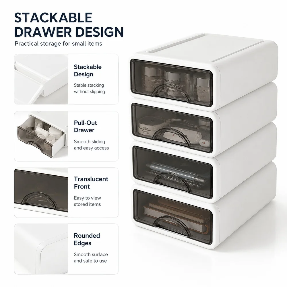 Pearl White 4-Piece Stackable Plastic Drawer Organizer Set for Desktop Cosmetics Stationery Dorm Office Small Items Storage