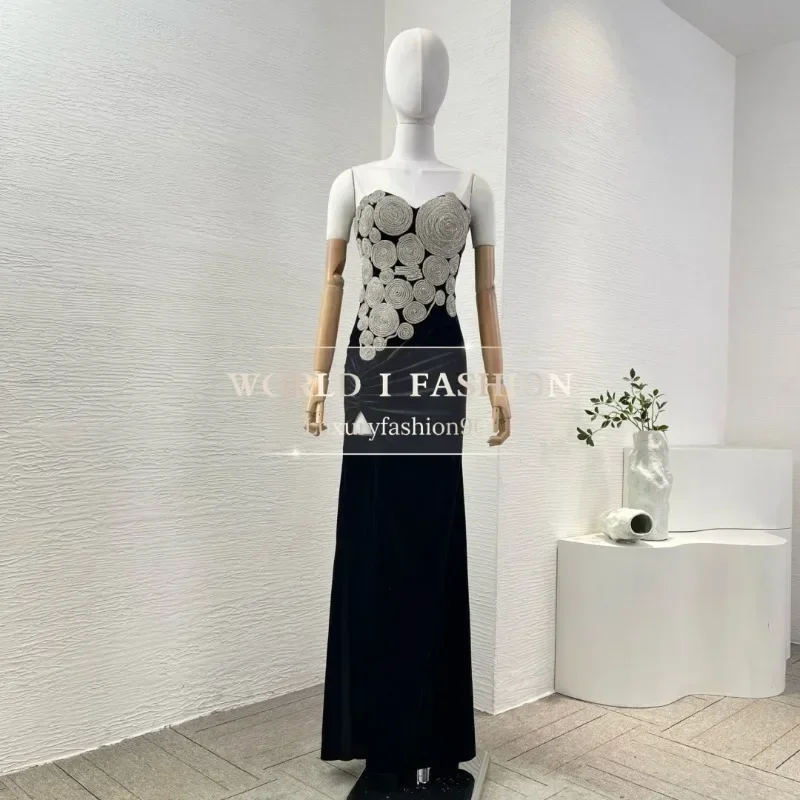 

2025 New Fashion Style High Quality Women's Black Diamonds Turbine Velvet Sleeveless Backless Tube Maxi Dresses for Party
