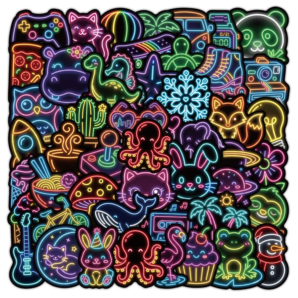 10/30/50pcs Kawaii Cartoon Neon Light Stickers Cute Animal Rabbit Panda Cake Sticker Stationery Notebook Phone Graffiti Decals