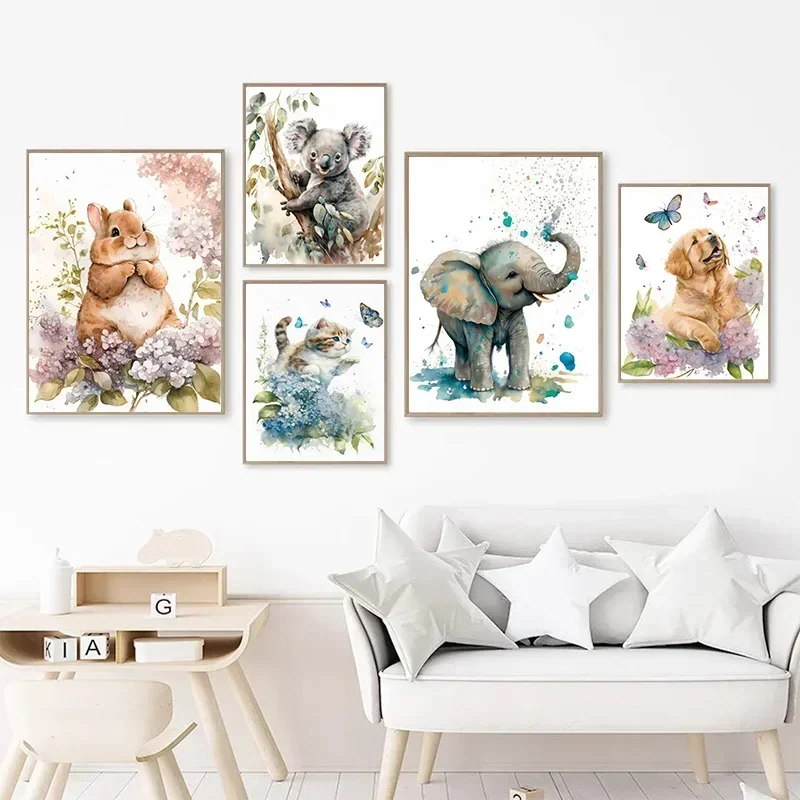 Elephant Panda Tiger Koala Cat Cartoon Animal Watercolor Posters Nursery Canvas Painting Wall Art Print Pictures Baby Room Decor
