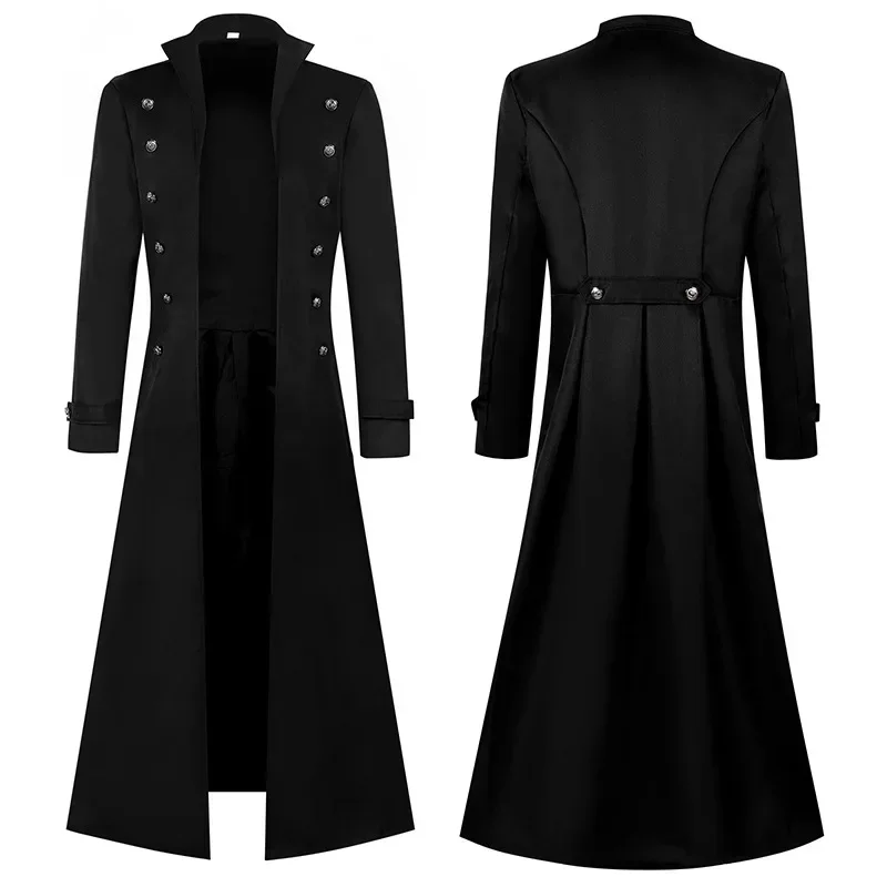 Men Gothic Trench Medieval Steampunk Retro Coat Double-breasted Trim Solid Men's Lapel Coats Vintage Long Jackets