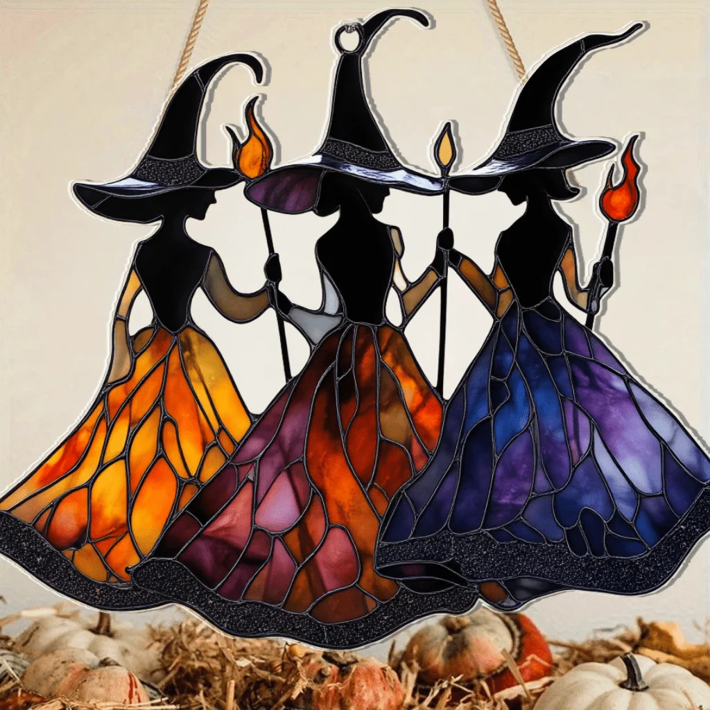 2D Flat Acrylic Sun Catcher with Witch Trio on The Back,Window Hanging, Perfect for Indoor/Outdoor Decoration, Room Decoration