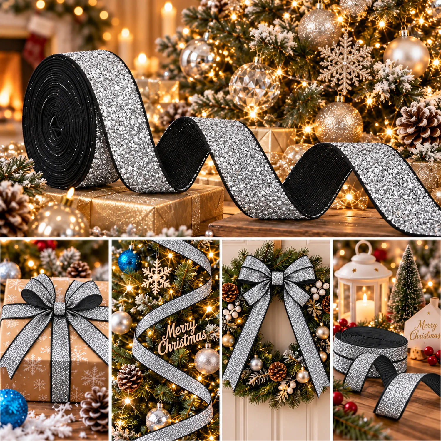 Christmas Silver Glitter Ribbon Sparkly Christmas Ribbon for Xmas Tree Bow Gift Wrapping Holiday Party DIY Crafts Decoration