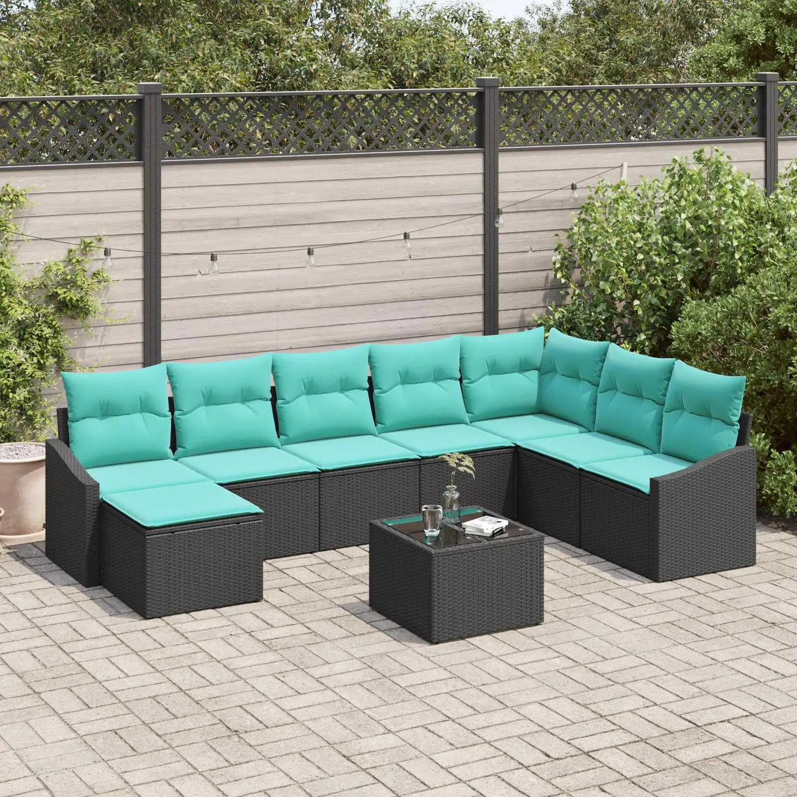 

Stylish 9 Piece Black Poly Rattan Garden Sofa Set with Soft Cushions for Outdoor Patio Furniture