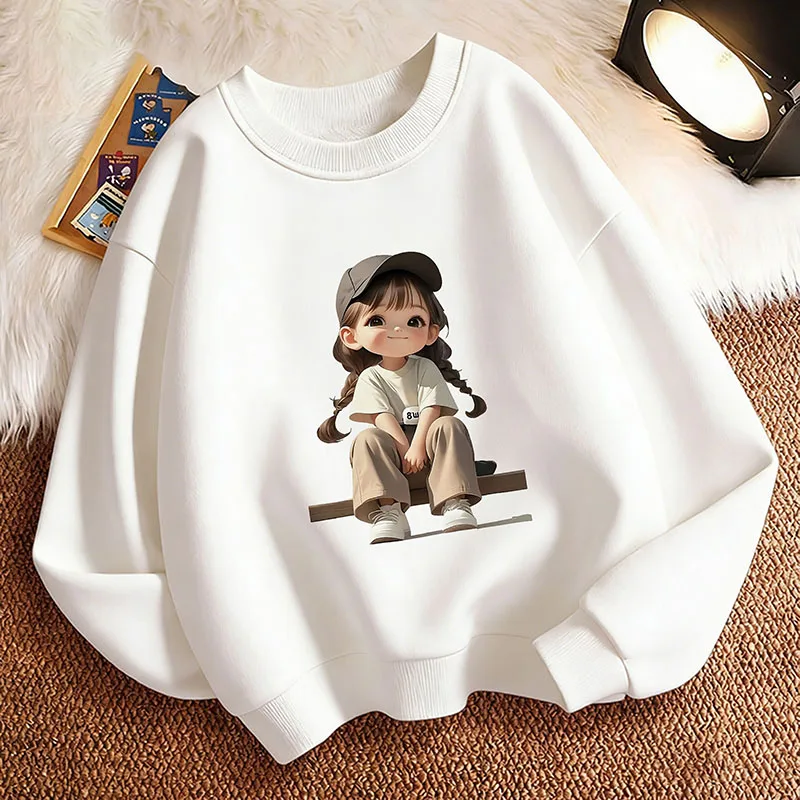 Streetwear Girl Cartoon Design Children's Sweatshirt Pullover Spring Crew Neck Graphic Print Hoodie Girl Kids Hoody