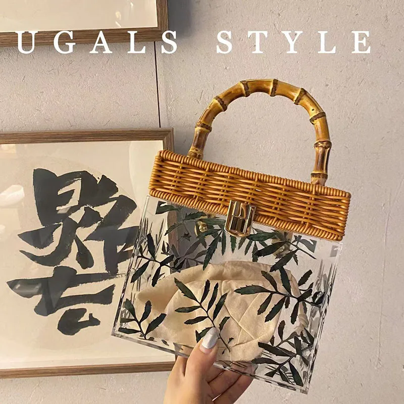 Summer Transparent Acrylic Box Bamboo Woven Handmade Handbag Pattern Printing Clutch Purse Women Holiday Vacation Beach Bag