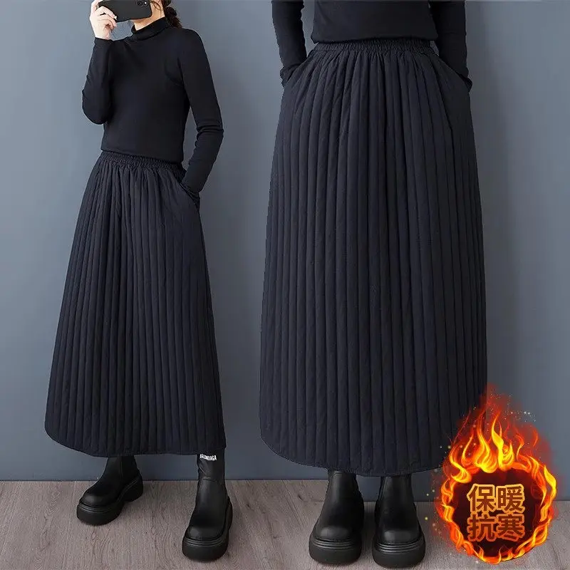 Keeping Warm Autumn Winter Skirt for Women, Loose Dark Vertical Strip Cotton Split Design, Elastic Waist A684