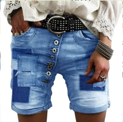 

Spring and Summer Women's Casual Denim Shorts, Urban Style The Design Sense of The Buckle Splicing Color-blocking Women's Jeans