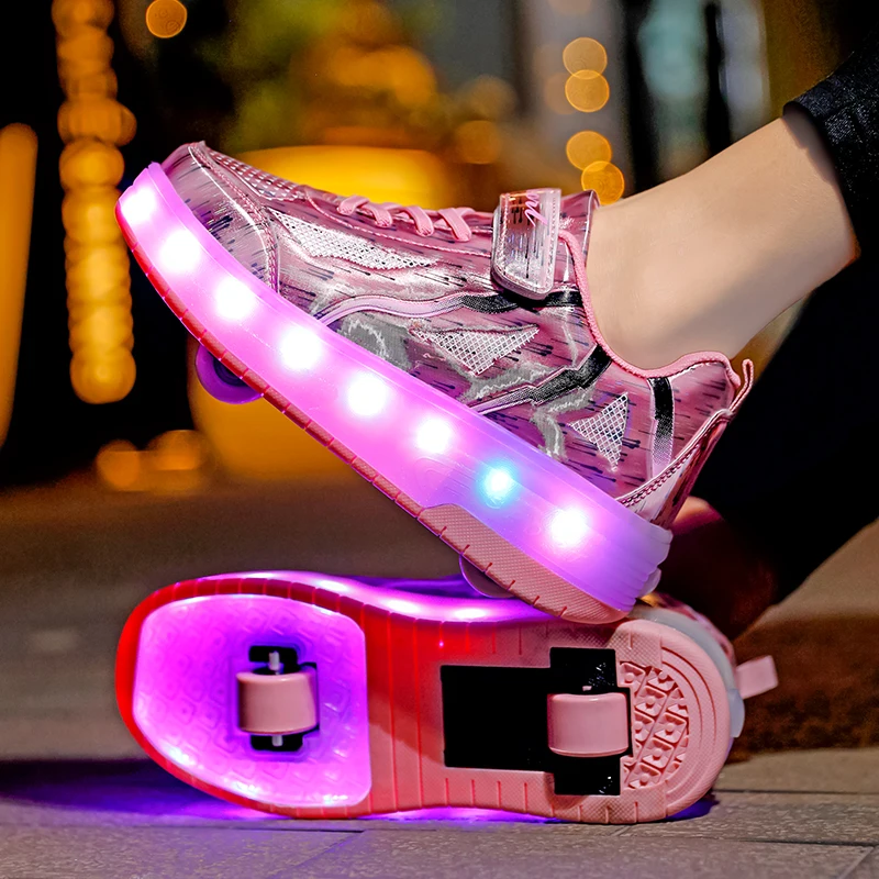 New Hot Style Kids LED USB Charging Roller Skate Shoes Girls Boys Glowing Light Up Children Luminous Sneakers With Two Wheels