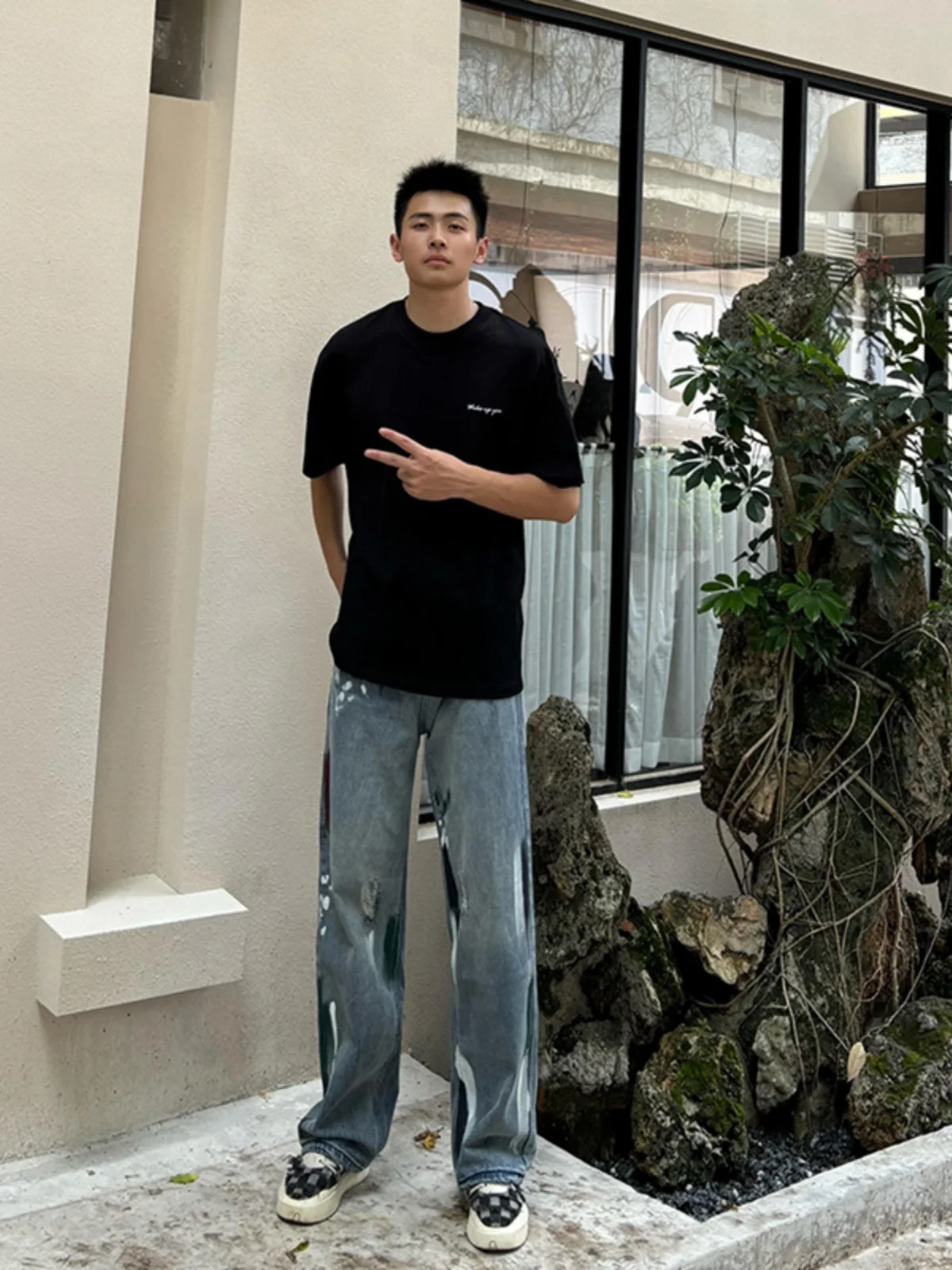 

Blue Splashed Denim Jeans Men's Summer Loose Straight Leg Pants American High Street Slimming Hole Design Casual Straight Jeans