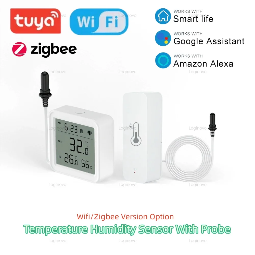 Tuya Temperature Humidity Sensor With External Probe Smart Home WiFi/Zigbee Hygrometer For Fridge Water Pool Thermostat Alarm