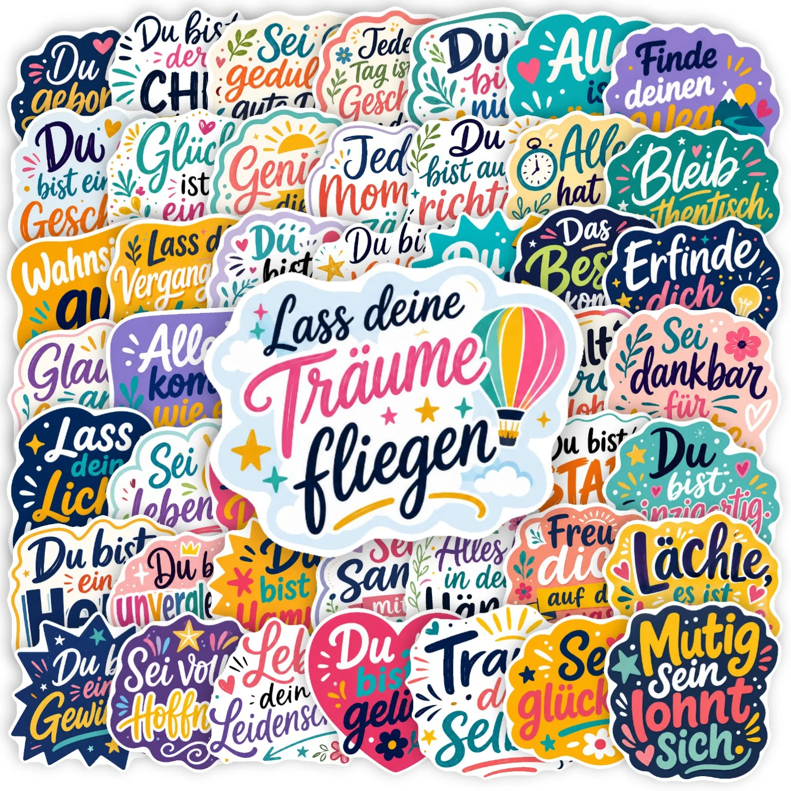 50 PCS German Positive Encouragement Text Stickers Colorful Cartoon Motivational Hand Account Decals Luggage Water Cup DIY Decal