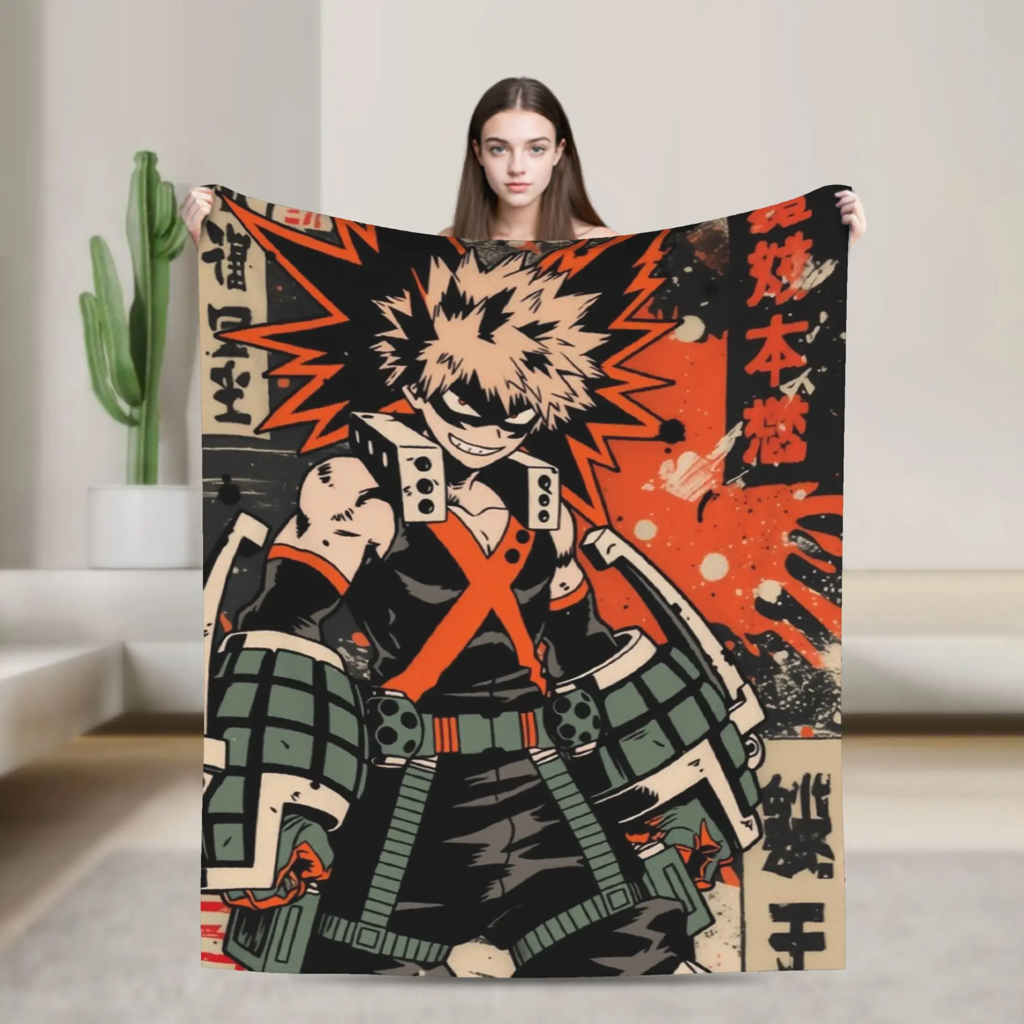 Katsuki Bakugo Vintage Grunge Warned Poster Blanket Fleece Autumn/Winter Warm Throw Blankets for Bedding Outdoor Bedding Throws