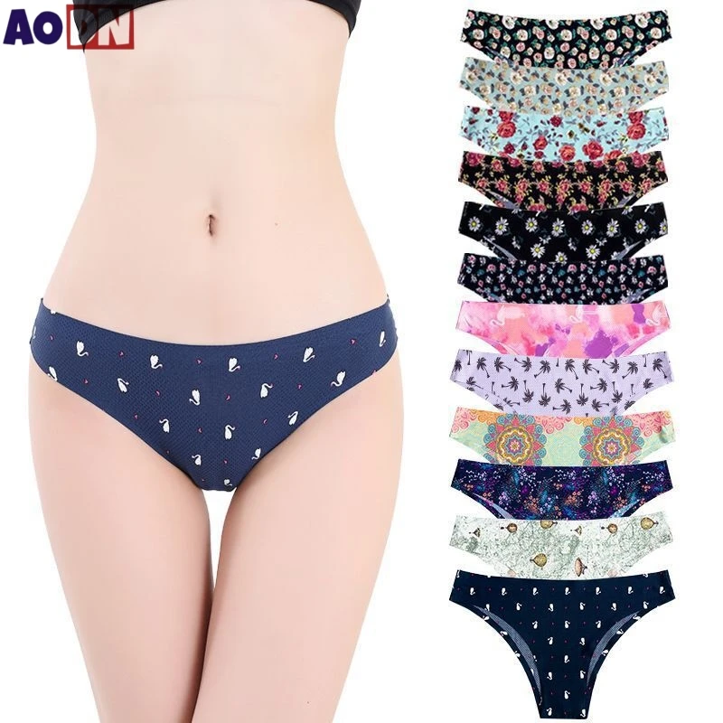 Seductive One-piece Lady Panties Breathable Printed Women's Lingerie Quick Dry Ice Silk Knickers Sexy Bikini Girl's Underpants