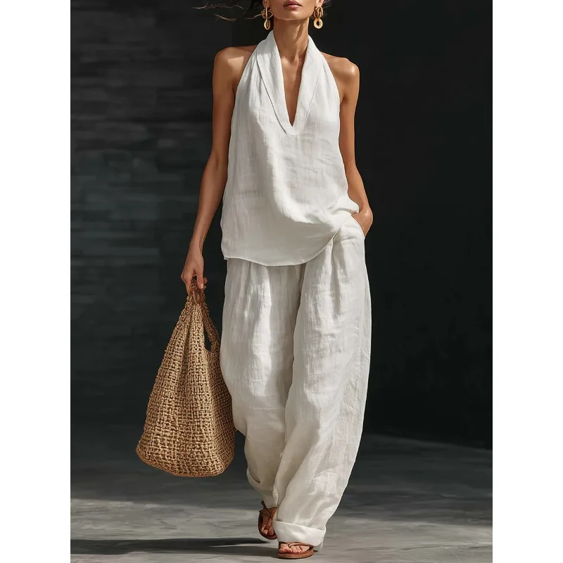 Sommer Damen Ärmelloses Neckholder-Top Hochgeschnittene Hose mit Taschen Lässiger Zweiteiler Damen Freizeitanzug