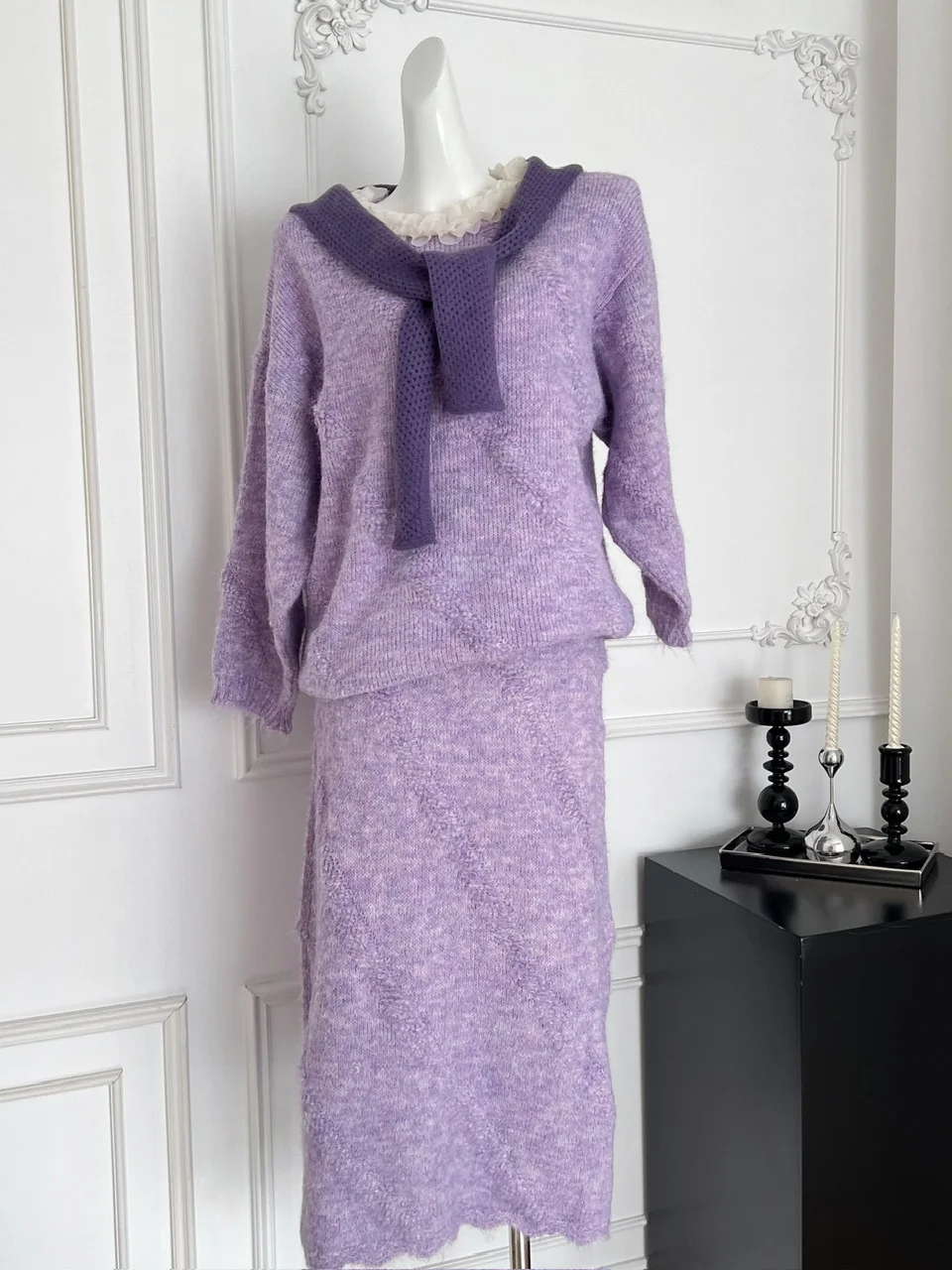 

Loose Comfortable Korean Style Sweater Skirt Set with Wooden Design Purple Color for Young Women Casual Autumn Fashion