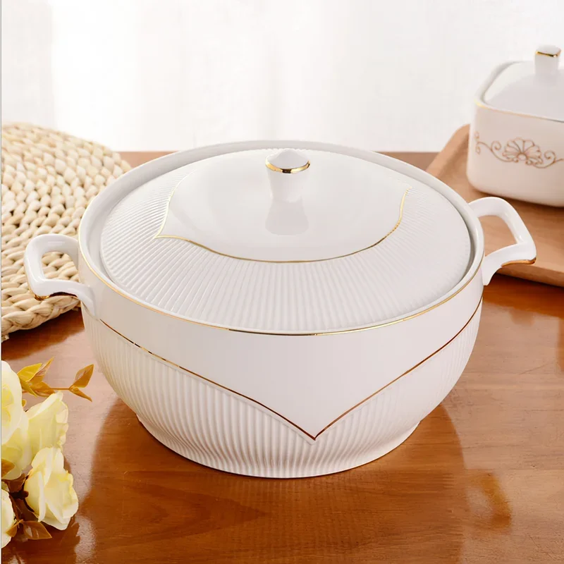 Ceramic Soup Pot Nordic Phnom Penh White Round 2.6L Large Bowl with Lid Cooking Utensils Household Kitchen Supplies Tableware